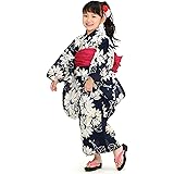 [SOUBIEN] (ソウビエン) 浴衣セット こども 浴衣 兵児帯 キッズ浴衣 bonheur saisons ボヌールセゾン 濃紺色 ネイビー 白 向日葵 綿 女の子 仕立て上がり 110cm 120cm 130cm