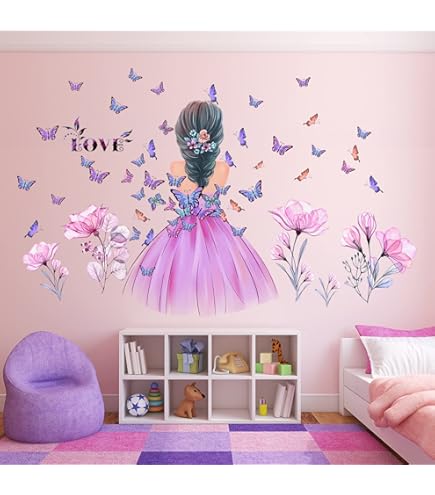 Baby Girl Wall Decals - Purple Flower Butterfly & Moon Cloud Nursery Stickers, 2 Pack (35.4"x11.8") - View #2