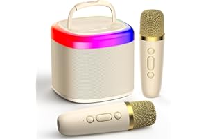 JYX Mini Karaoke Machine, Portable Bluetooth Karaoke Speaker with 2 Wireless Microphones and Party Lights for Kids and Adults, Birthday Gifts for Girls Boys Family Home Party(Beige)