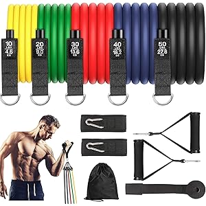 【最新強化版】トレーニングチューブ エクササイズバンド ゴムチューブ 強度別5本セット 天然ラテックス製 耐久性アップ…