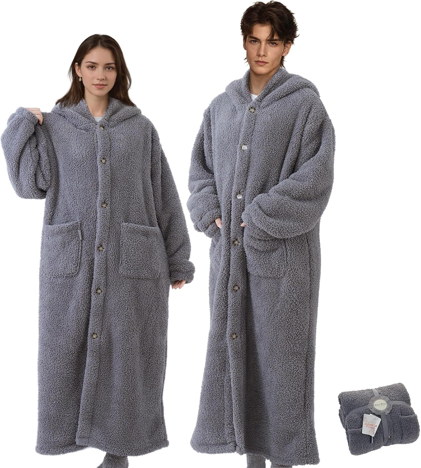 Lemon Bear 着る毛布 メンズ 大きいサイズ 男女兼用 レディース 冬『超断熱エアロゲル プラス5.9℃圧倒的な保温性』Lサイズ・グレー | 暖かい 軽量 フード付き 着る毛布【肌亁燥&静電気防止】リブ袖付き毛布 CICA配合 ボタン付き ビッグポケット付き フランネル あたたかい 厚手 ロング モコモコ ふわふわ 春秋冬用 洗える