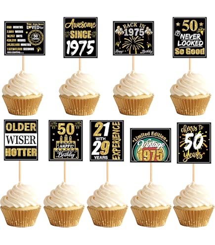 36PCS 50th Birthday Cupcake Toppers | Black & Gold Decor | Cheers To 50 Years Cake Decorations