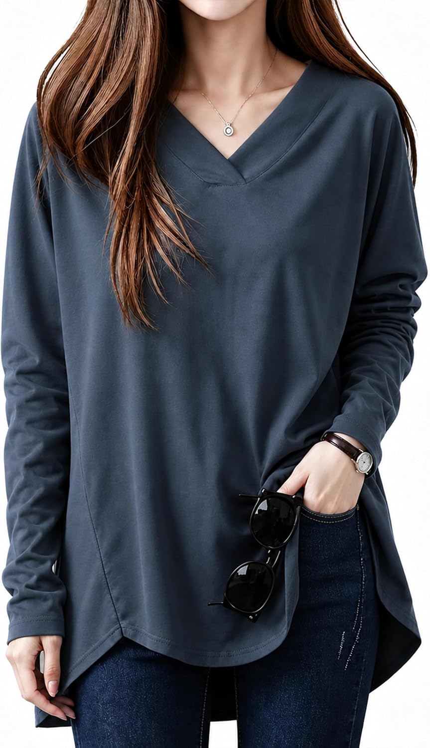 [MOWO] 【無限コーデ主義】tシャツ レディース 長袖 【華奢見え・ヒップカバー・重ね着しやすい】トップス カットソー 秋 冬 Vネック | ヒップカバー 体型カバー おしゃれ ゆったり 快適 ロングスリーブ こなれ感 お出かけ 仕事 通勤 バイト