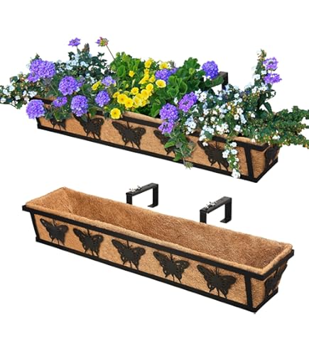 Solstice Series Wall Trough Planter – 36 Inch Black Metal Hanging Planter With Coconut Liner