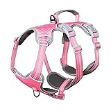 Huntboo 犬 ハーネス 小型犬 中型犬 大型犬 犬用ハーネス 犬用胴輪 抜けない 脱出防止 ハンドル サイズ調整可能 夜間反射 簡単着脱 ソフト 防水 散歩 トレーニング（M、ピンク）