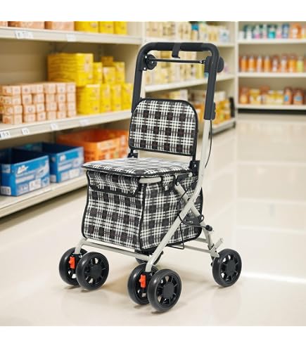 Amazon.co.jp: 折り畳み可能な高さ調整式4輪歩行車 ブラウンチェック柄