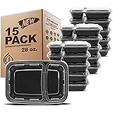 Freshware YH-2X15 15-Pack 2 Compartment Bento Lunch Boxes with Lids - Stackable, Reusable, Microwave, Dishwasher & Freezer Sa