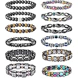 CASSIECA 12 Pcs Hematite Magnetic Bracelet for Men Women Reiki Bracelet Tiger Eye Rainbow Beaded Stone Bracelets Set