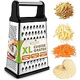 Professional Box Grater, Stainless Steel with 4 Sides, Best for Parmesan Cheese, Vegetables, Ginger, XL Size, Black