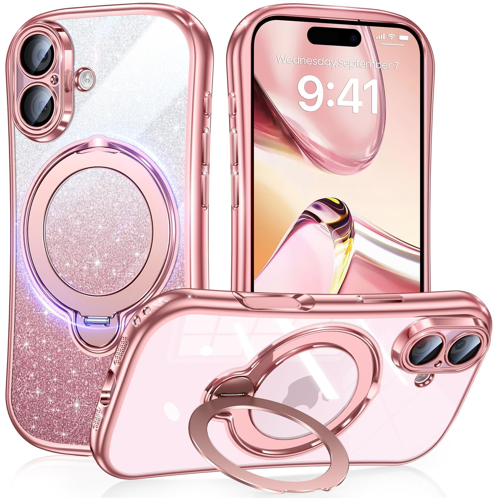 Fadkzyxr iPhone 17 用 ケース MagSafe対応 360°回転スタンド ラメ入りシール付き キラキラ 一体型レンズ保護【ピンク】 | メッキ加工 キラキラ 美しいくびれフォルム グリップ感向上 リング ワイヤレス充電対応 縦横両対