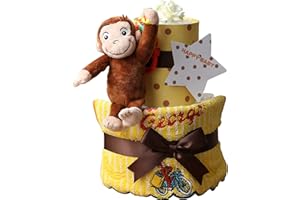 おさるのジョージ おむつケーキ 出産祝い 男の子 女の子 名入れ刺繍 2段 オムツケーキ ギフトセット Curious George ダイパーケーキ ムーニーテープタイプSサイズ