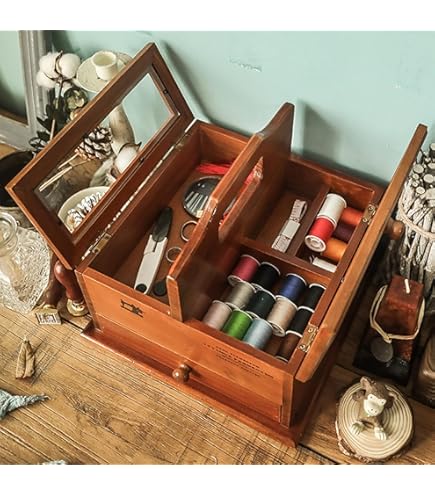 Amazon | MAKETOMONEY 裁縫箱 レトロな木製ソーイングバスケット 裁縫