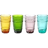 WHOLE HOUSEWARES ヴィンテージガラスタンブラー 4個セット 11オンス エンボスデザイン 水 アイスティー ジュース用ドリンクカップ マルチカラー