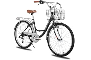 HILAND ママチャリ シティサイクル 26インチ 自転車 シティ車 婦人車 Ⅴブレーキ 7段ギヤ 折り畳みカゴ 荷台付き 太いタイヤ 通勤 通学 街乗り お出掛け 新生活 人気 プレゼント