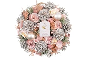 自然素材がメインのナチュラルリース 天然パルプのメッセージプレート オーガニック風 フラワーリース ギフト クリスマス リース 直径23～27cm オーナメント 玄関用 飾り プレゼント 贈り物 母の日 (ピンクボール)