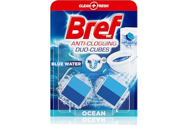Bref Bref Anti-Clogging Duo-Cubes Toilet Blocks Ocean (2x 50g), 2in1 Toilet Cleaner with Blue Water and Ocean Scent, Complete Cleanliness from Toilet Cistern to Drain, Toilet Bowl Cleaner Prevents Clog