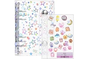PAEUKUON 透明 シール帳 星柄【20枚リフィル付き】 ミニシール帳 ホログラム ミニ クリアバインダー A6かわいい シール収納 6穴 シールバインダー 女の子 推し活 文房具 メモ カード 写真整理 便利ファイル (星柄タイプA6)