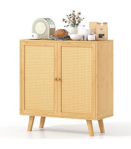 Amazon.co.jp: COSTWAY キャビネット 竹製 サイドボード ラタン 藤編み