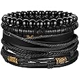 Jstyle 4Pcs Braided Leather Bracelet for Women Mens Cuff Bead Bracelet Set Adjustable Black And Brown