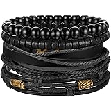 Jstyle 4Pcs Braided Leather Bracelet for Women Mens Cuff Bead Bracelet Set Adjustable Black And Brown