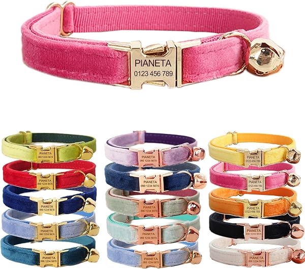 Pianeta Cat & Small Dog Collar with Bell, Customizable Emergency Information Pet Collar, Personalized Name & Phone Number Engraving, S (6.3 - 10.2 inches (16 - 26 cm), Rose Red + Light Gold - 1
