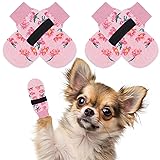 BINGPET 犬 靴下 ペット用靴下 滑り止め 4個セット 肉球保護 犬用靴下 防滑ソックス 柔らかい 脱げない かわいい 転倒防止 室内履き 通気性 老犬 介護サポート 足舐め防止 かわいい おしゃれ 小型犬 中型犬 大型犬 犬靴下 (花ーピンク, L)