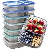 Youngever 7 Pack Bento Lunch Box, Meal Prep Containers, Re-usable 3 Compartment Plastic Divided Food Storage Container (Coast