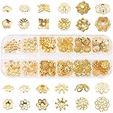 SUNNYCLUE　240個12種　ビーズキャップ　花座　座金 ビーズ　アンティークゴールド　金古美　合金ビーズ　キャップ　花形　菊座　透かしキャップ　透かしパーツ　光沢感　スペーサービーズ 　フラワー　チャーム　アクセサリーパーツ　花状　チベット風