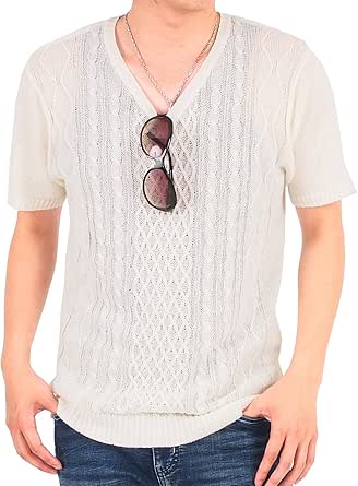 Amazon トップイズム サマーニット メンズ 半袖 綿麻 Vネック ニット カットソー Tシャツ カットソー 通販