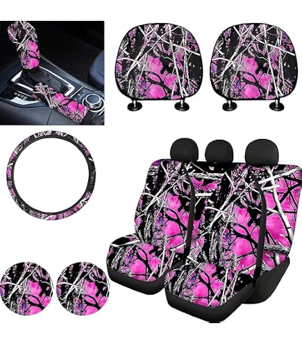 Pink Camo Car Seat Covers Full Set - Includes Seat Covers, Cup Coasters, Shift & Handbrake Covers, Keychain