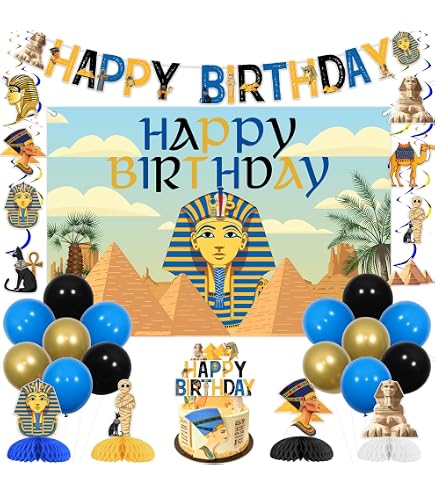 Cheereveal Décorations de fête égyptienne anciennes, bannière de joyeux anniversaire, pyramide, momie pharaon, décoration de gâteau, égyptien