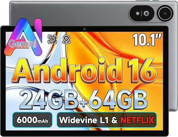 【タブレット Android 16強化版&Gemini AI 3.1搭載】タブレット 10インチ wi-fiモデル 8コアCPU 24GB RAM+64GB ROM+2TB拡張 tablet アンドロイド16 GPS搭載 6000mAh大容量バッテリー 顔認識widevineL1/Netflix/YouTube対応 Type-C充電 2.4G&5G 画面分割 児童守護 保護フイルム貼り済み一年保証 - 1