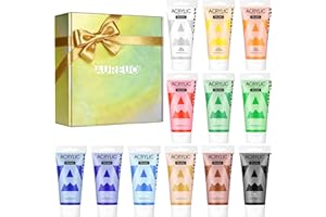 AUREUO アクリル絵の具 ギフトセット 75mlチューブ x 12パック - キャンバス、岩、木材、セラミック、布地用の無毒顔料 - 絵画愛好家、初心者、アーティスト向けの塗料