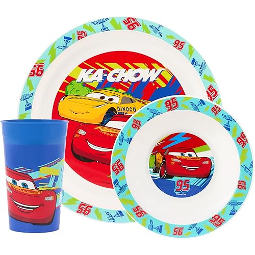 Disney Cars 3-Piece Polypropylene Children's Dinner Set – Plate, Bowl, and Tumbler Featuring Lightning McQueen and Dinoco – M