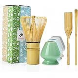 TEANAGOO百本立 茶筅 茶筅立て 茶杓 茶さじ 茶道具 4点セット 茶せん 茶筅立て 曲直し 茶筅休め 抹茶点て 100本 Chasen Chashaku 日本抹茶の伝統カップを準備するのに最適な設定