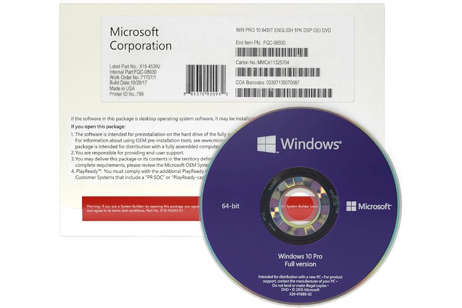 Windows 10 Pro 64 bit OEM DVD - English - Full Version - OEM Windows 10 Professional 64 bit