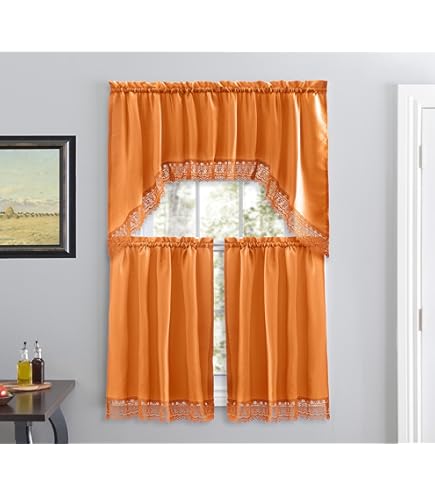 Fall Kitchen Curtains 3-Piece Set With Gnomes & Pumpkins - 54x36 Inch Tiered Valance