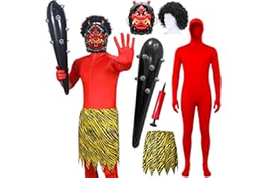 [BAFUEVD] 節分 鬼 衣装 コスプレ 鬼コスプレ 充実6点セット 鬼 前開きジッパー【全身タイツ+定番の虎柄の鬼の腰巻き+鬼のお面+ウィッグ+ビニールこん棒+空気入れ】赤鬼 青鬼 仮装 鬼衣装 筋肉 おに 豆まき 節分 演劇 舞台 コスチュー