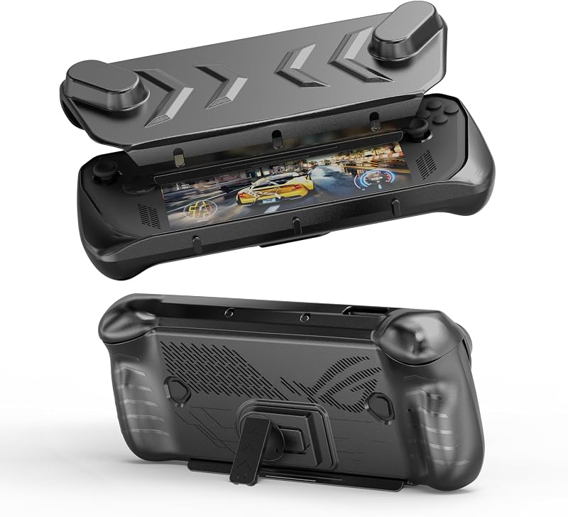 Uniraku ROG Ally X専用全面保護ケース ROG Ally X専用ソフトシリコン保護ケース 柔軟TPU 素材とPC画面保護ケース 衝撃吸収 全面保護 擦り傷防止 落下防止 収納と持ち運びに便利 便利なスタンド機能付き
