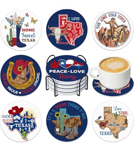 Texas Coaster Set Of 8 - Cork Back Ceramic Coasters With Holder, Rustic Housewarming Gift - View #2