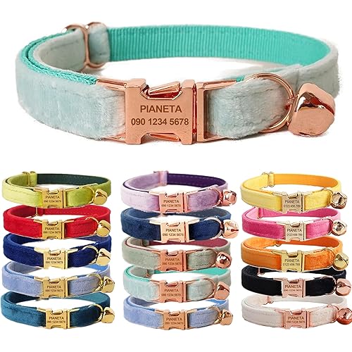 PIANETA 猫首輪 名前入り＆電話番号無料刻印 迷子札付き 鈴付き 子猫小型犬に適用， 名札・IDタグ (S (16-26cm),水色+ローズゴールド)