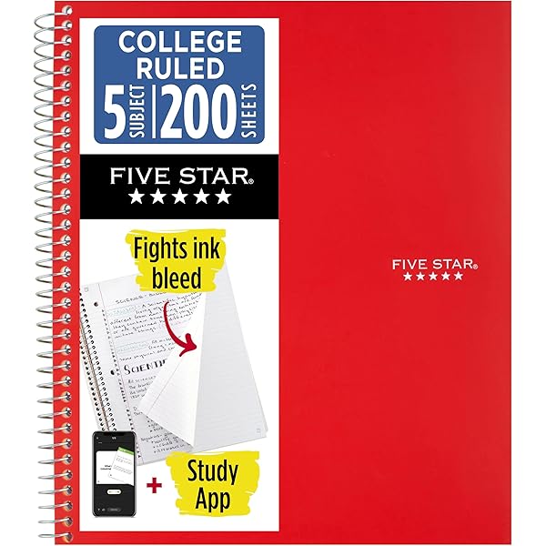 Five Star Spiral Notebooks + Study App, 2 Pack, 5 Subject, College