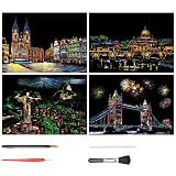 LIANHATA スクラッチアート 4枚入 スクラッチ極細ペン付き 21*29cm A4サイズ スクラッチペーパー レインボー絵 夜景 花火 観覧車 花畑 彫刻アート DIY 削るだけで美しいアート 部屋飾り (美しい都市)