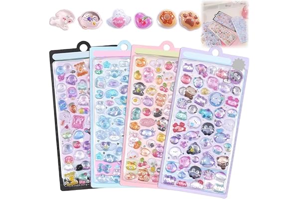 シール 可愛い 立体 【2025新型】3D キャラクターシール 携帯電話飾り用 DIY用 手帳用 貼り付け可能 手芸用品 贈り物 子供 男女兼用 全4/6種セット 約200/300枚入り (4枚 / 約200枚)