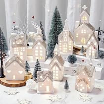 DoubleFill 17-Piece White Ceramic Christmas Village Set - Houses, Trees, Vintage Truck, Snow Branches & String Lights, Winter Table Decor