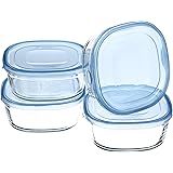 iwaki(イワキ) 耐熱ガラス 保存容器 アクアブルー 角型 S 450ml ×4個セット ごはん 1膳 パック&レンジ KBC3240BLN