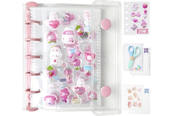 GOKEI シール帳 プラバン 透明 M5サイズ ミニ バインダー 【リフィル×20枚 チャック付きボケット×2枚 下敷き×2枚】 クリアバインダー 3層構造PPシート カードポケット シール台紙 プリ帳 カードスリーブ はがせる 女の子 コラージュノート ピンク