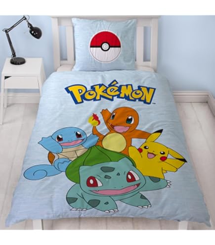Kinder Dekbedovertrek Dubbel Omkeerbaar Beddengoed Pikachu Charmander Pokemon Officiële Dubbele Dekbedovertrekset, Retro Design | Blauw Dubbel Dekbed 200x200 Cm Dekbedovertrek 140x200 Kind