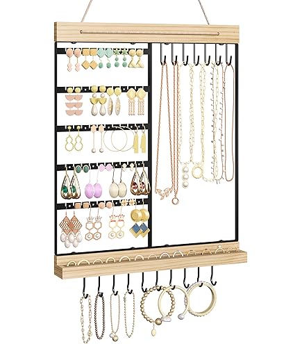 Wall-Mounted Jewelry Organizer With Drawers & Hooks - Earring, Necklace, Bracelet Display Rack (Brown)
