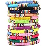 CASDAN 14 PCS Heishi Bracelet Set for Women Rainbow Vinyl Disc Beads Srting Stack Bracelet Surfer Stretch Cord Bracelets Summ